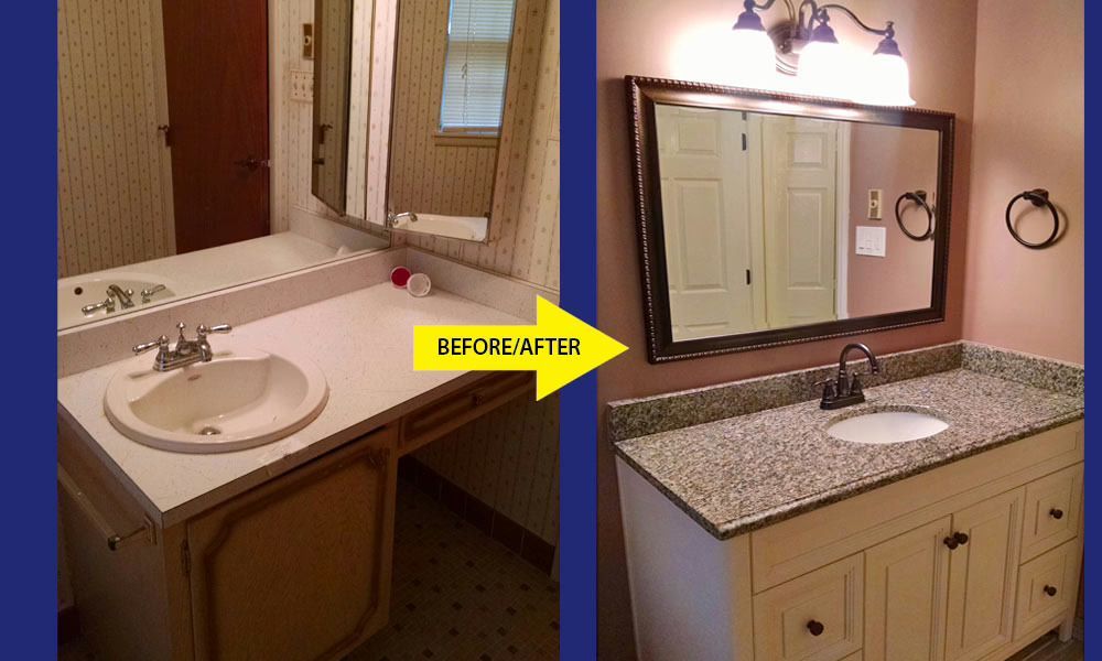 Bathroom vanity before-and-after: white sink replaced by granite countertop and framed mirror.