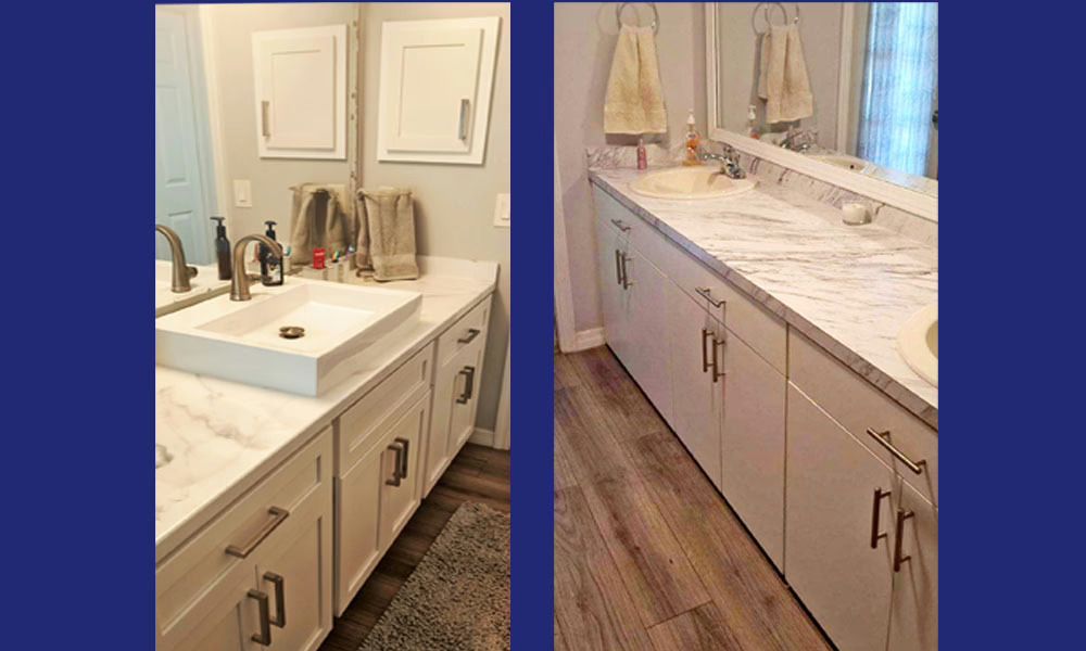 Modern bathroom vanity with double sinks, white marble countertop, beige cabinets, and black fixtures.