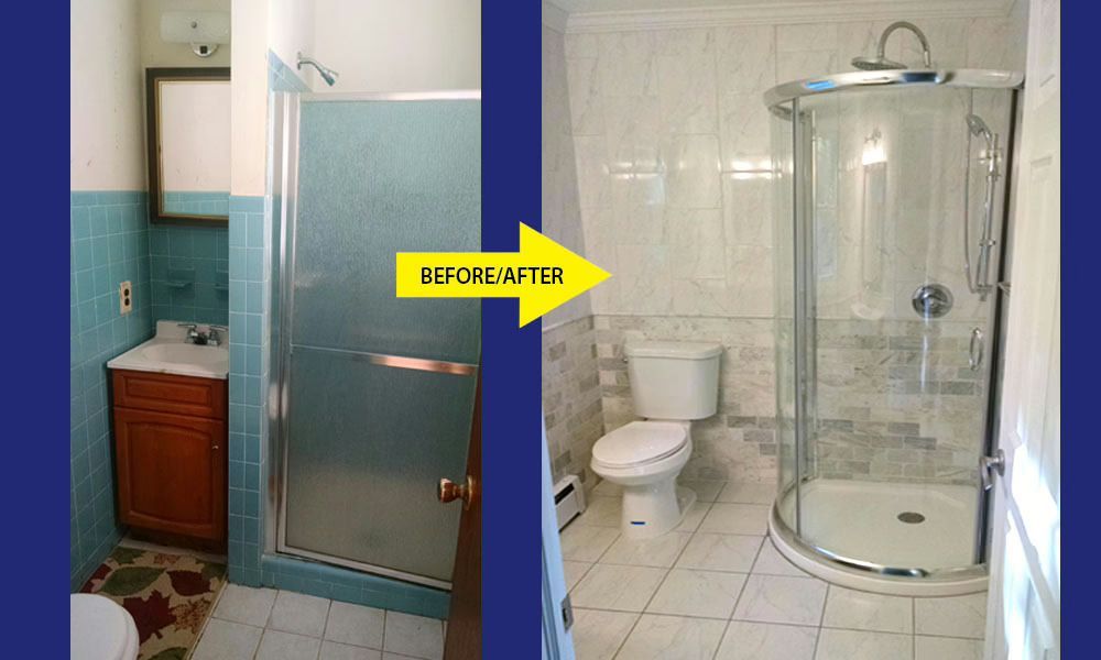 Accessible bathroom shower with grab bars next to a toilet, shown with a before-and-after layout change