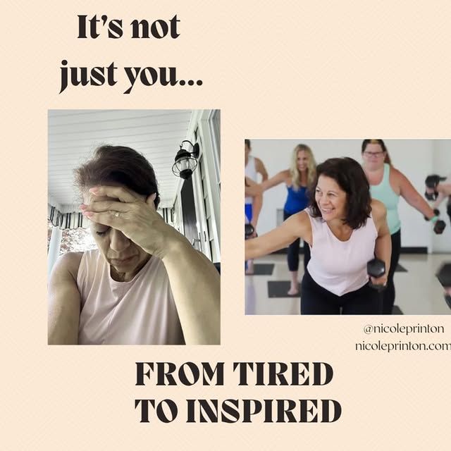 Woman looking tired next to a woman happily working out. Text reads,