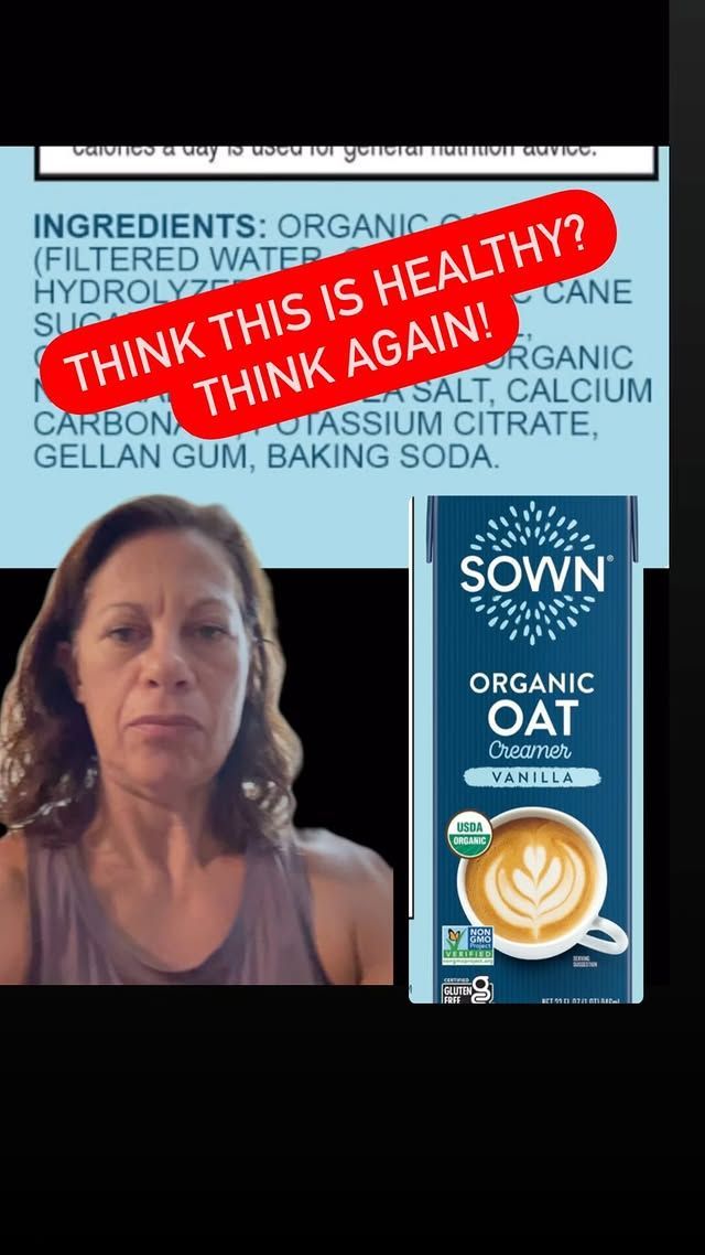 Woman holding oat milk carton with ingredient list, text overlay: