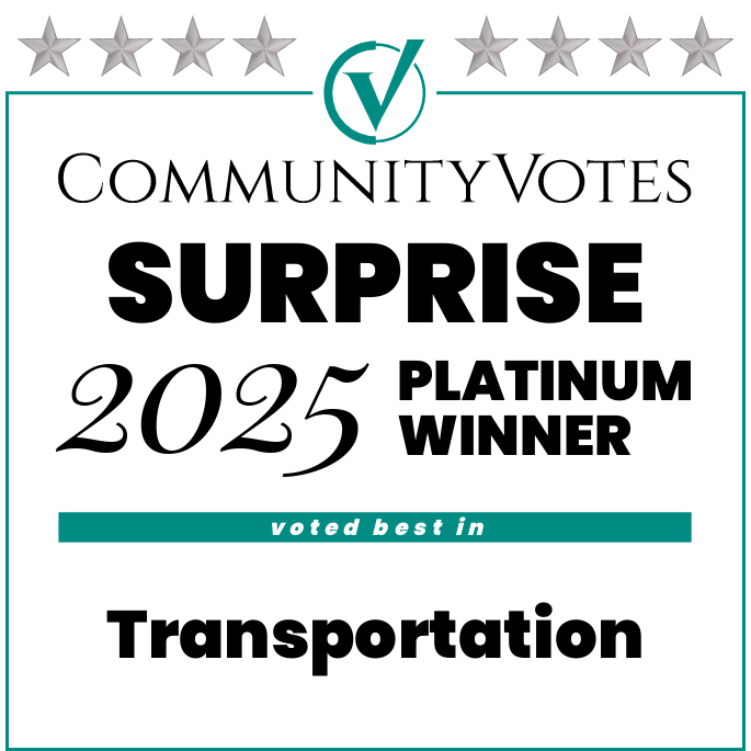 CommunityVotes Surprise 2025 Platinum Winner badge for Transportation with stars and teal checkmark