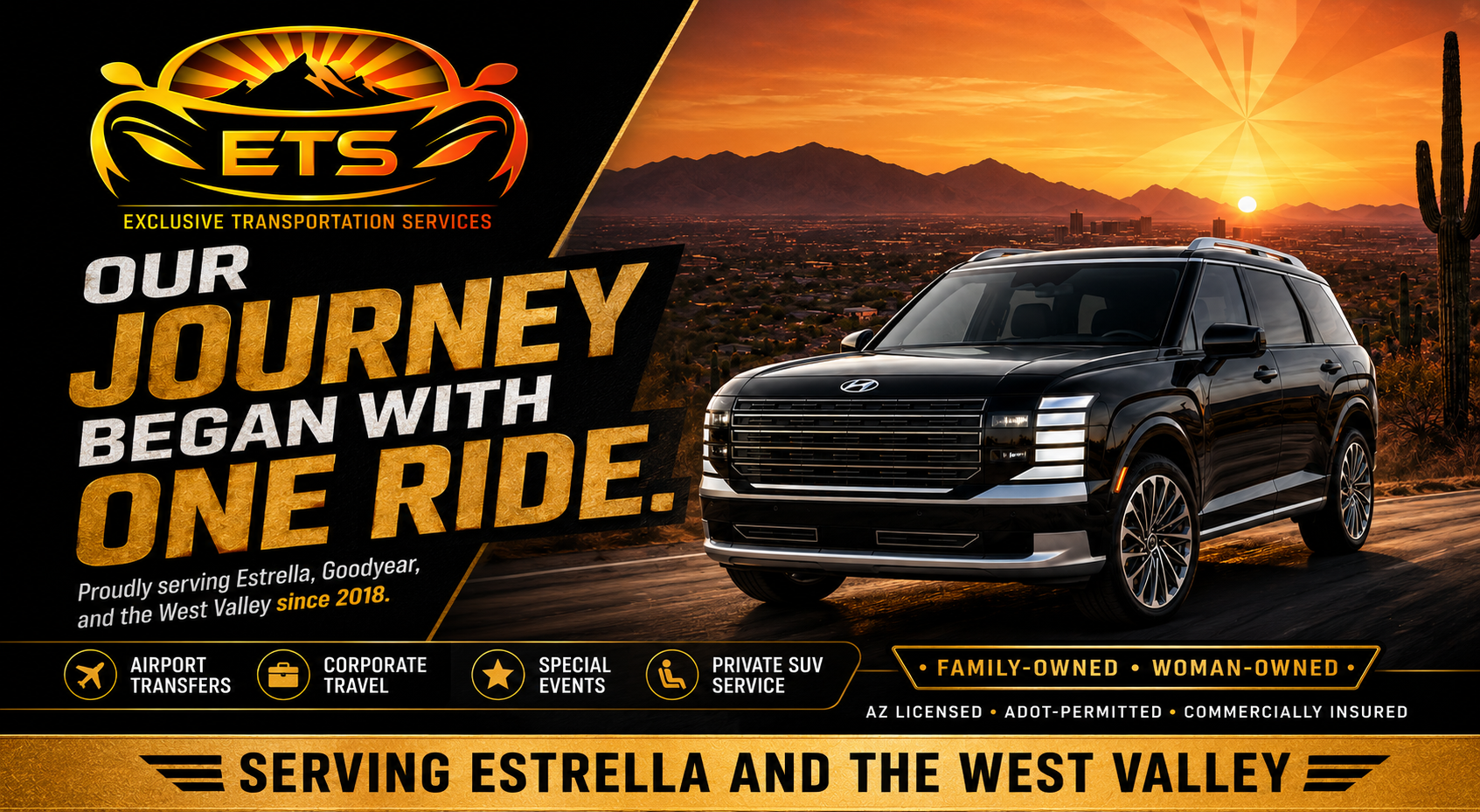8 Yrs. Strong anniversary graphic for ETS featuring a luxury black SUV, ETS logo, and sunset.