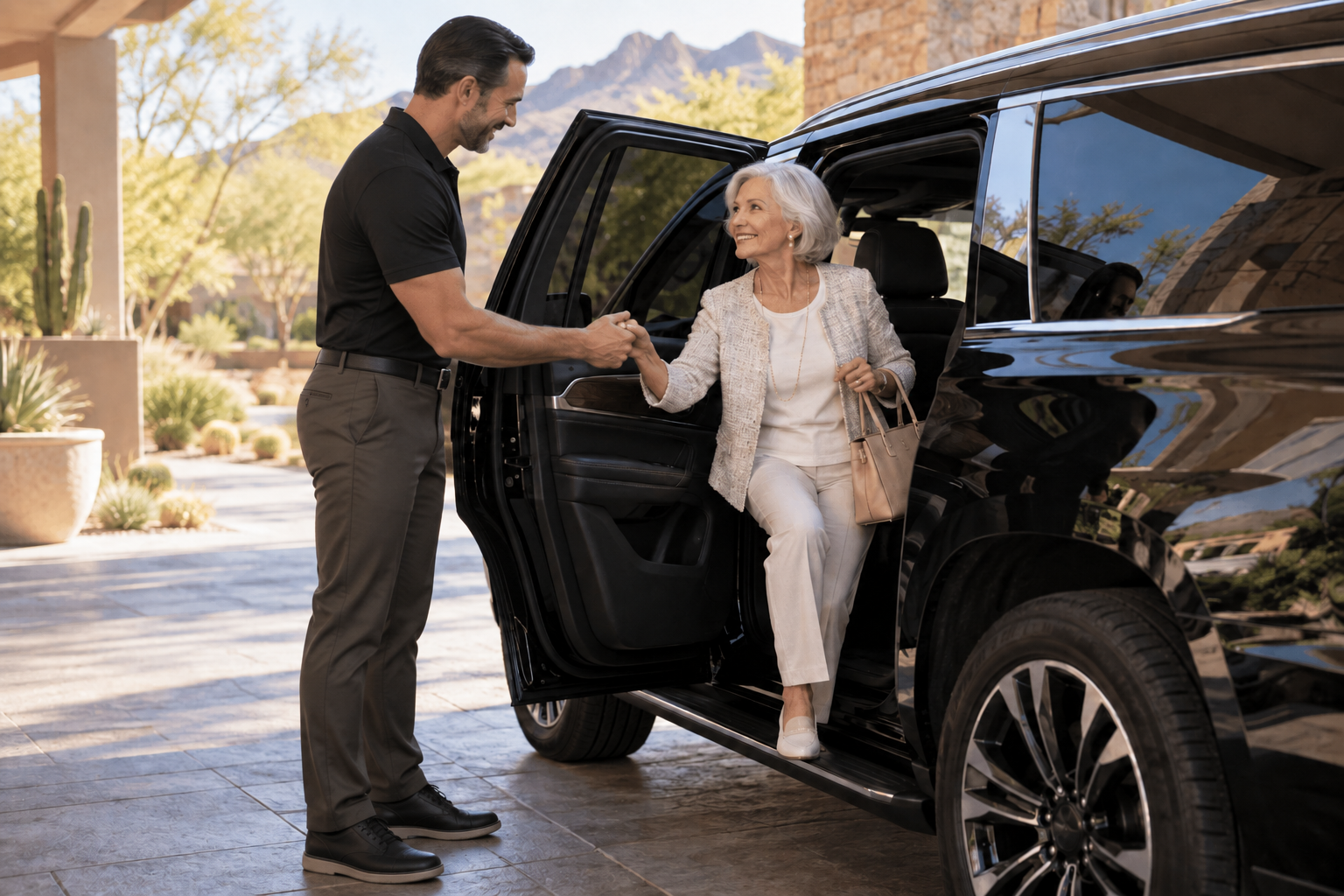Driver assisting a senior passenger from a black luxury SUV in Arizona