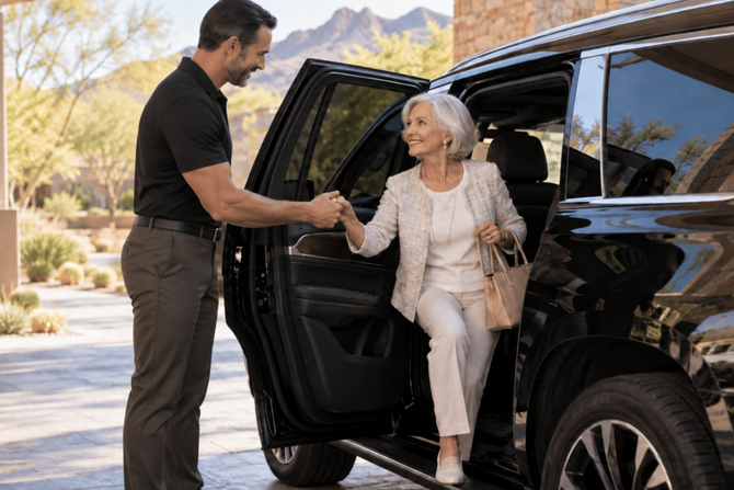 Two passengers sitting in a luxury car, one looking at a phone and the other holding a coffee cup.