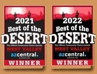 Two award badges reading “2021 Best of the Desert” and “2022 Best of the Desert,” West Valley azcentral winner.