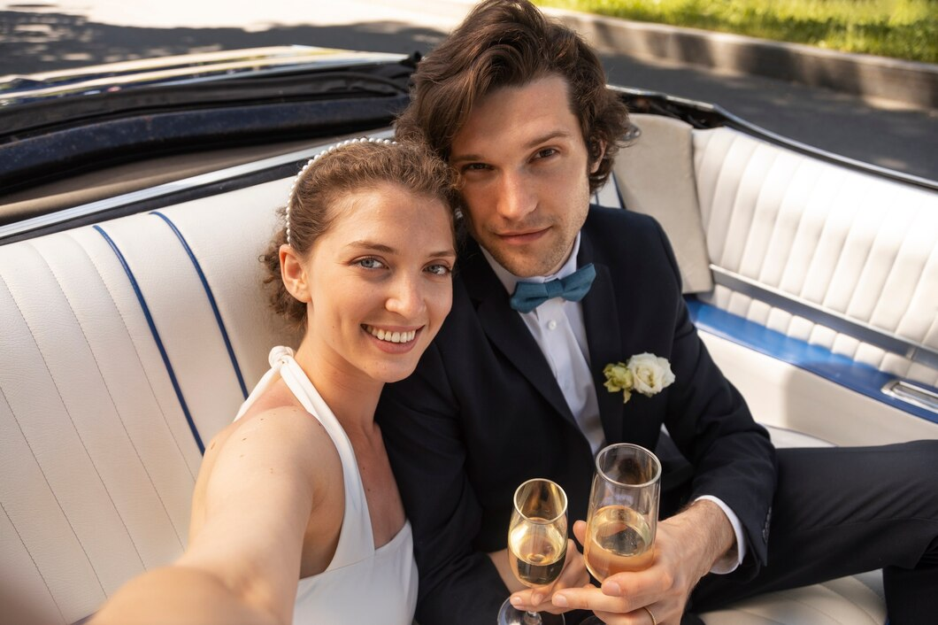 Couple smiling in a white-and-blue boat, holding champagne glasses for a selfie