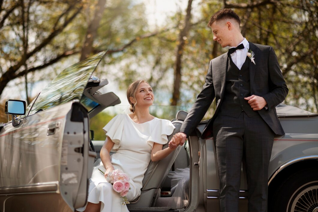 Bride and groom holding hands beside a silver car outdoors, smiling in formal wedding attire.