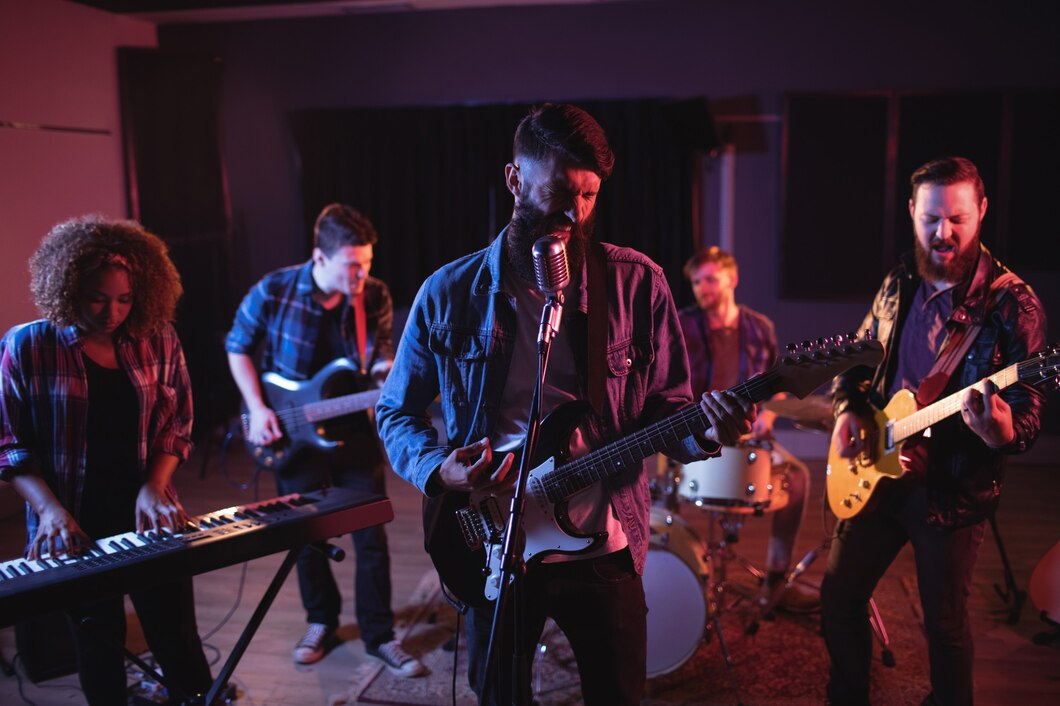 Five-piece band performing live under purple and blue stage lights