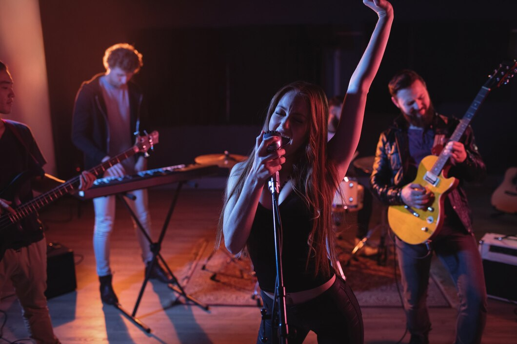 Live band performing on stage, singer with raised arm, keyboardist and guitarist under red-blue lights