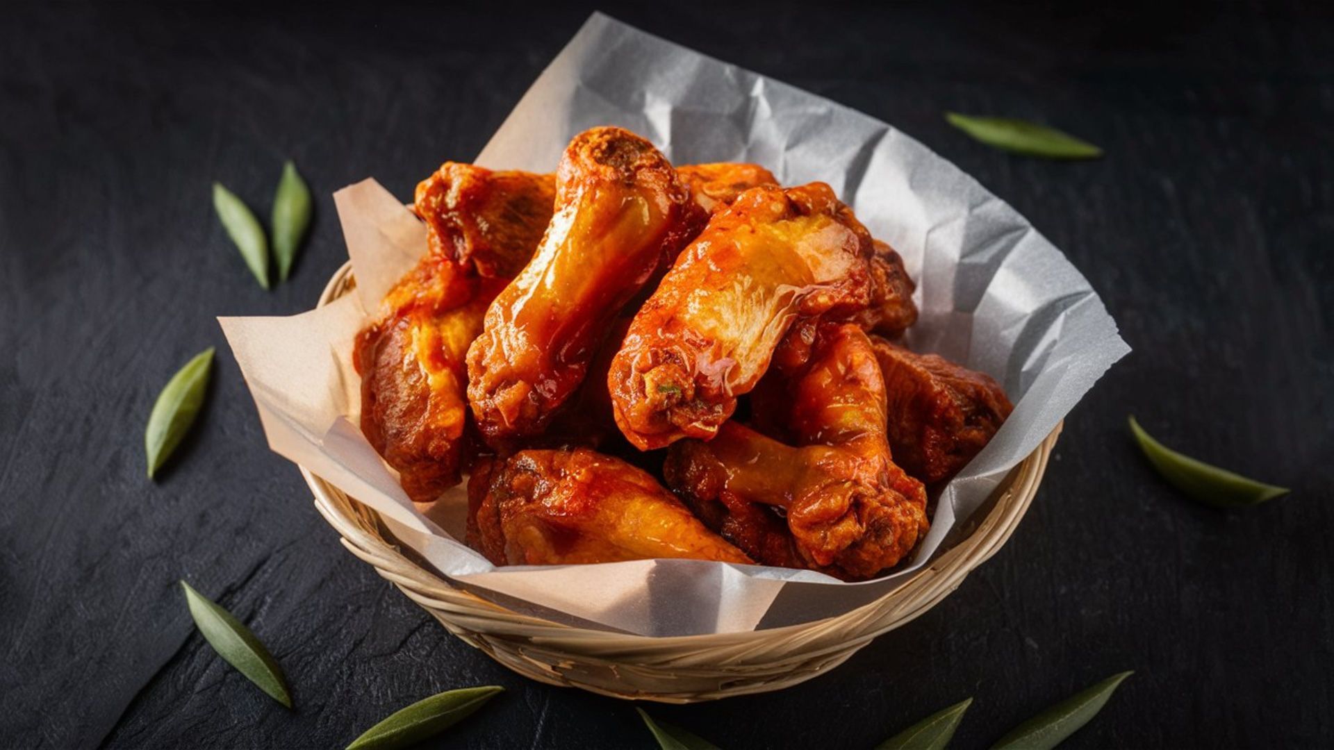 A basket filled with fried chicken wings on a table.