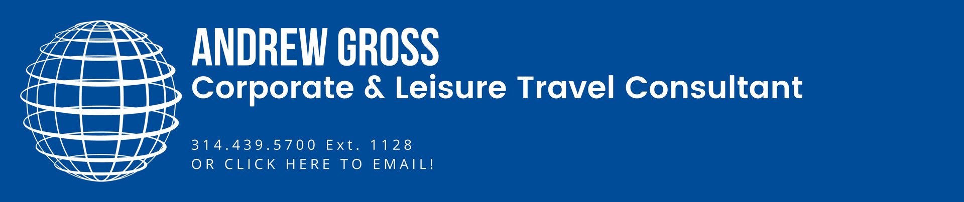 Andrew Gross travel consultant is shown on a blue background