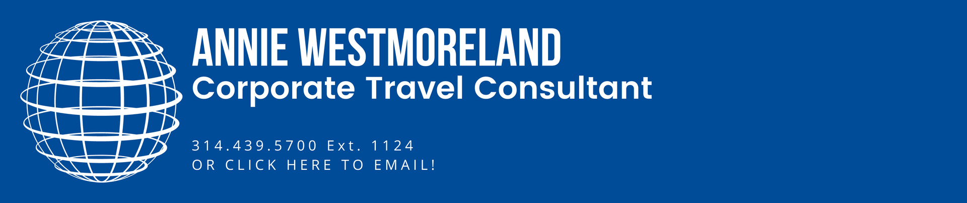 A blue banner for annie westmoreland corporate travel consultant