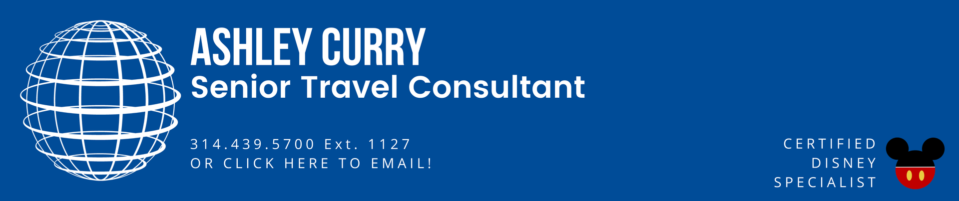 An advertisement for ashley curry senior travel consultant