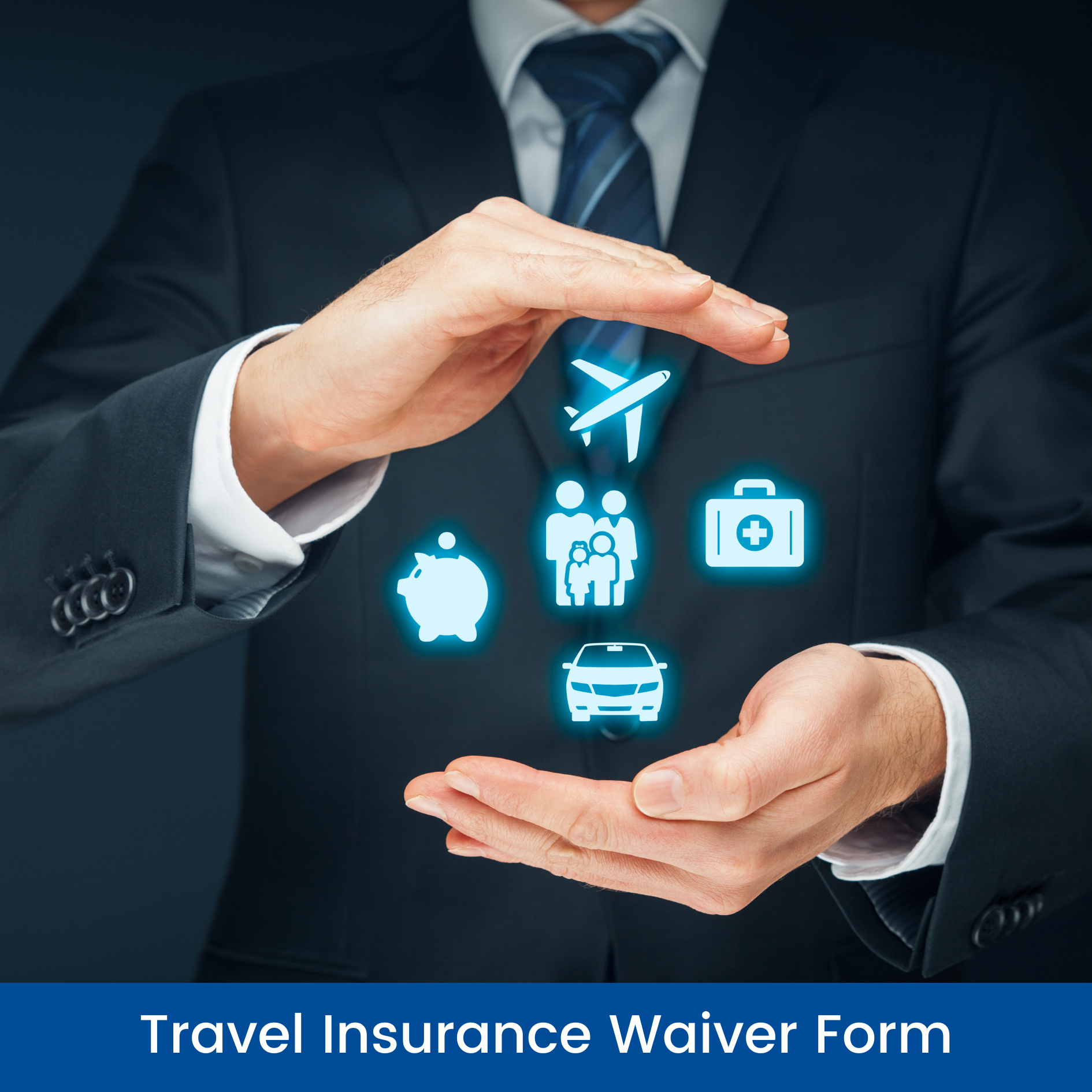 A man in a suit and tie is holding a travel insurance waiver form