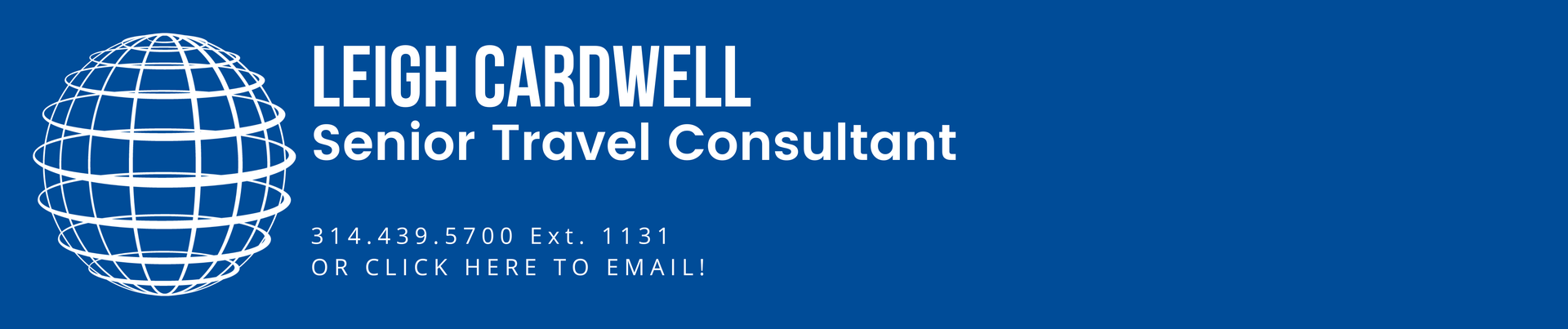 A blue banner for leigh cardwell senior travel consultant