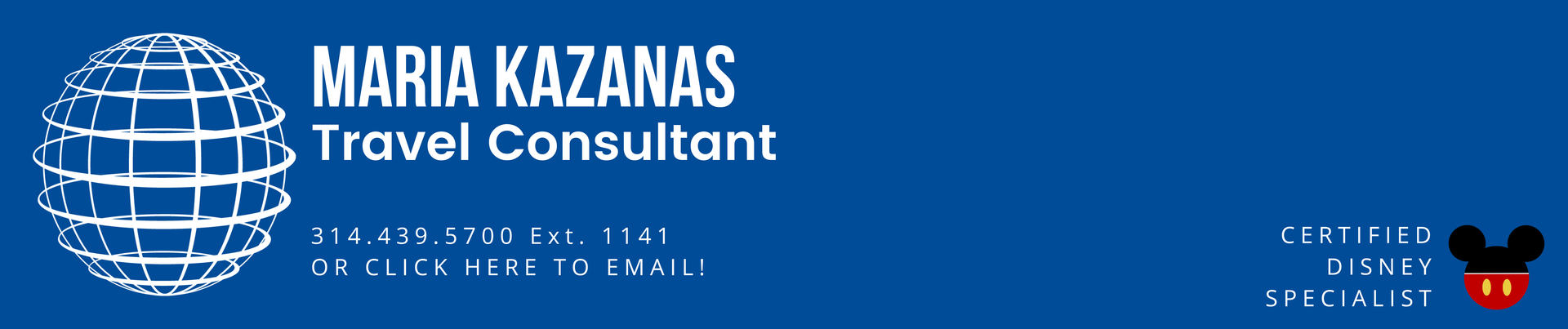 A blue banner for maria kazanas travel consultant