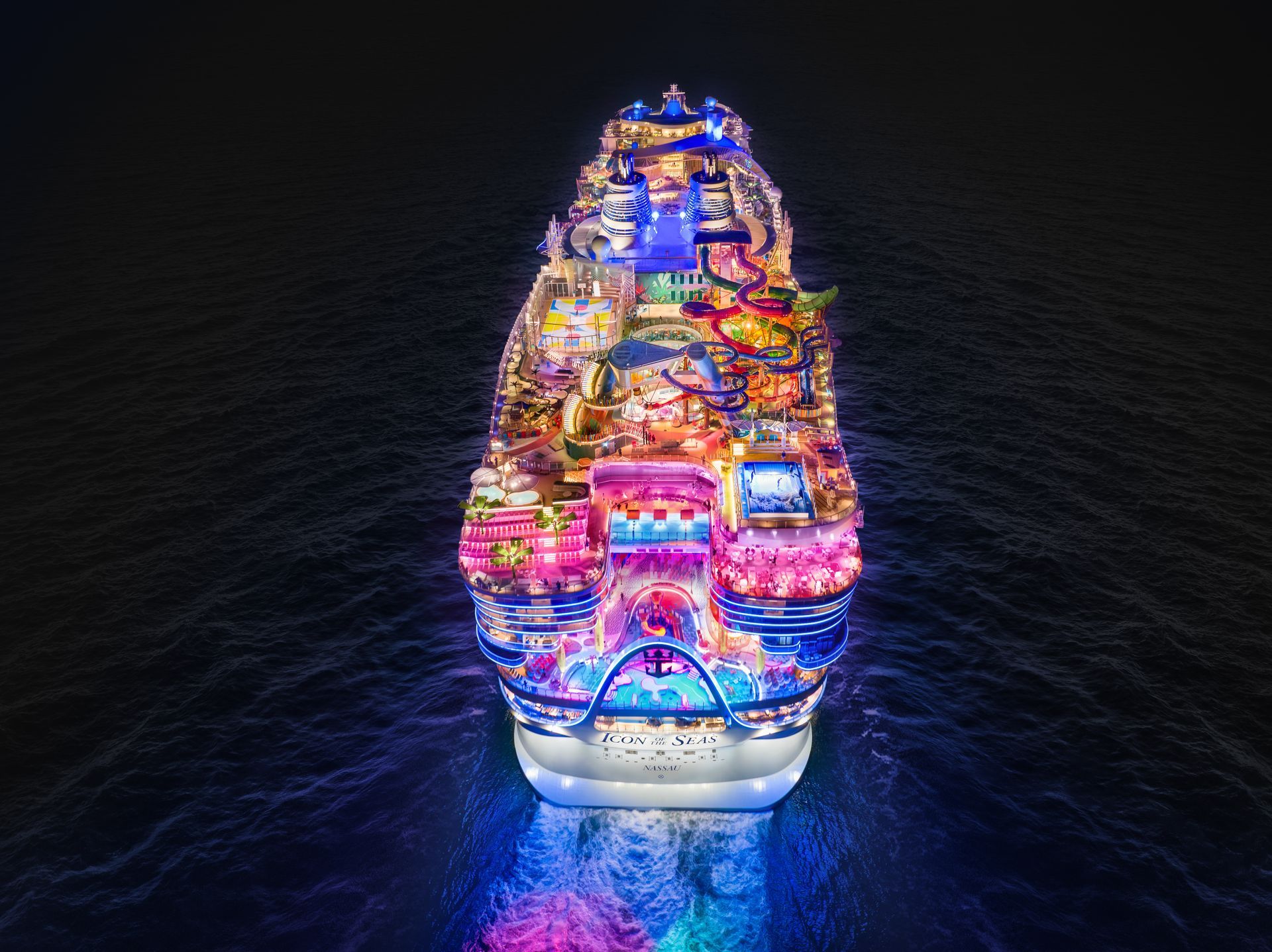 An aerial view of a cruise ship called freedom seas