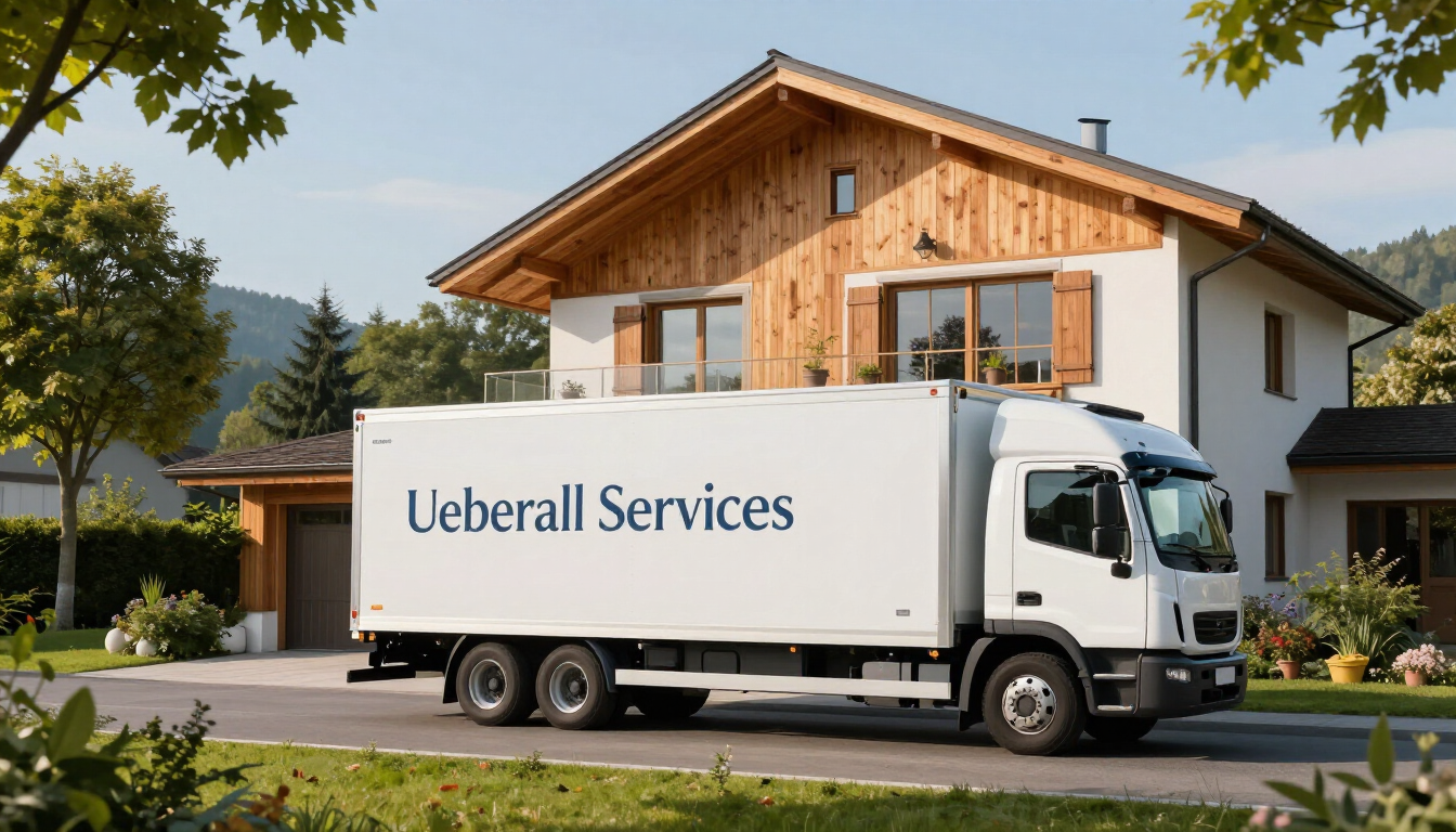 Modernes E-Umzugsfahrzeug vor Schweizer Wohnhaus
