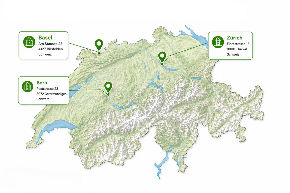 Karte der Schweiz mit grünen Standortmarkierungen und Beschriftungen für verschiedene Orte