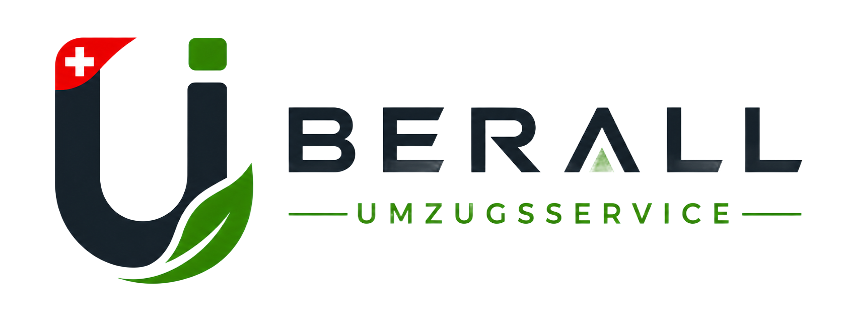 Das UBERALL-Logo besteht aus einem stilisierten schwarzen und grünen U, einem roten Schweizer Kreuz und dem Text „UMZUGSSERVICE“.