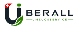 Das UBERALL-Logo besteht aus einem stilisierten schwarzen und grünen U, einem roten Schweizer Kreuz und dem Text „UMZUGSSERVICE“.