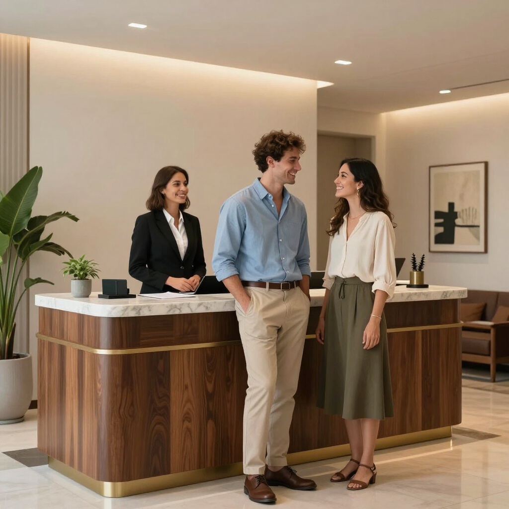 Three people conversing at a modern hotel reception desk