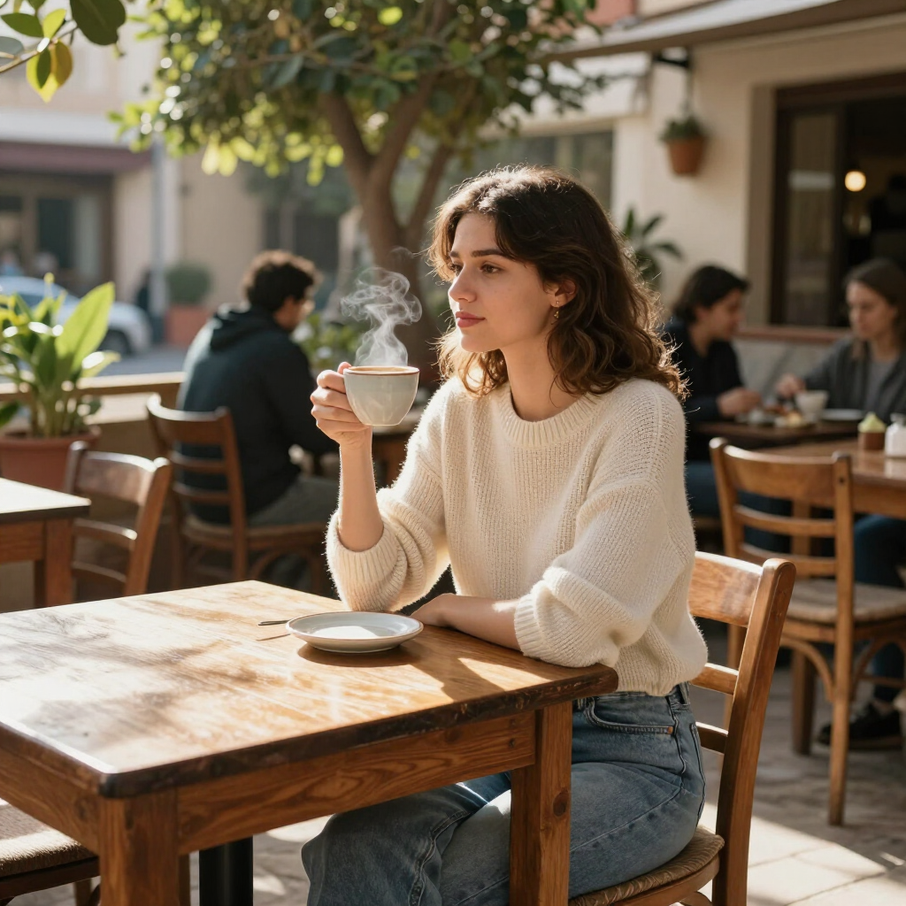 Woman in a cream sweater sipping coffee at a wooden café table outdoors