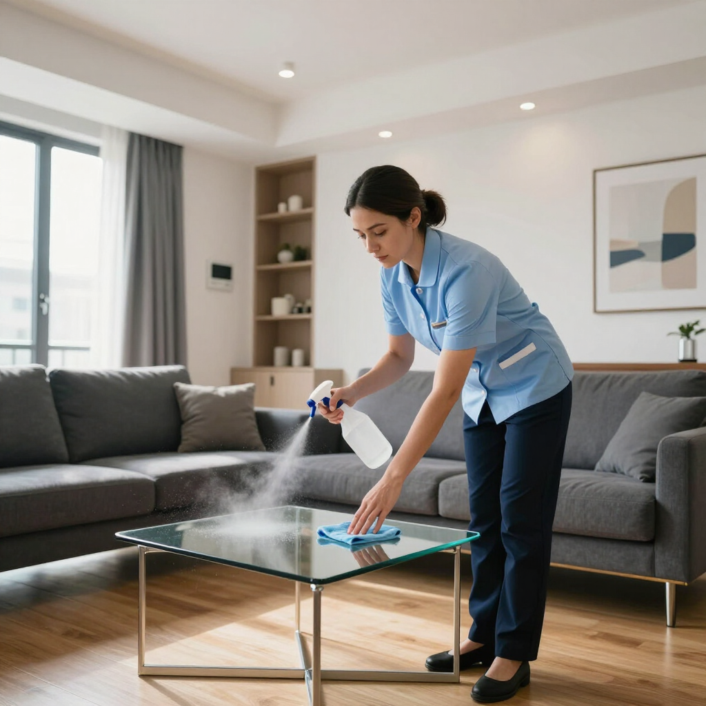 Cleaner spraying and wiping a glass coffee table in a modern living room
