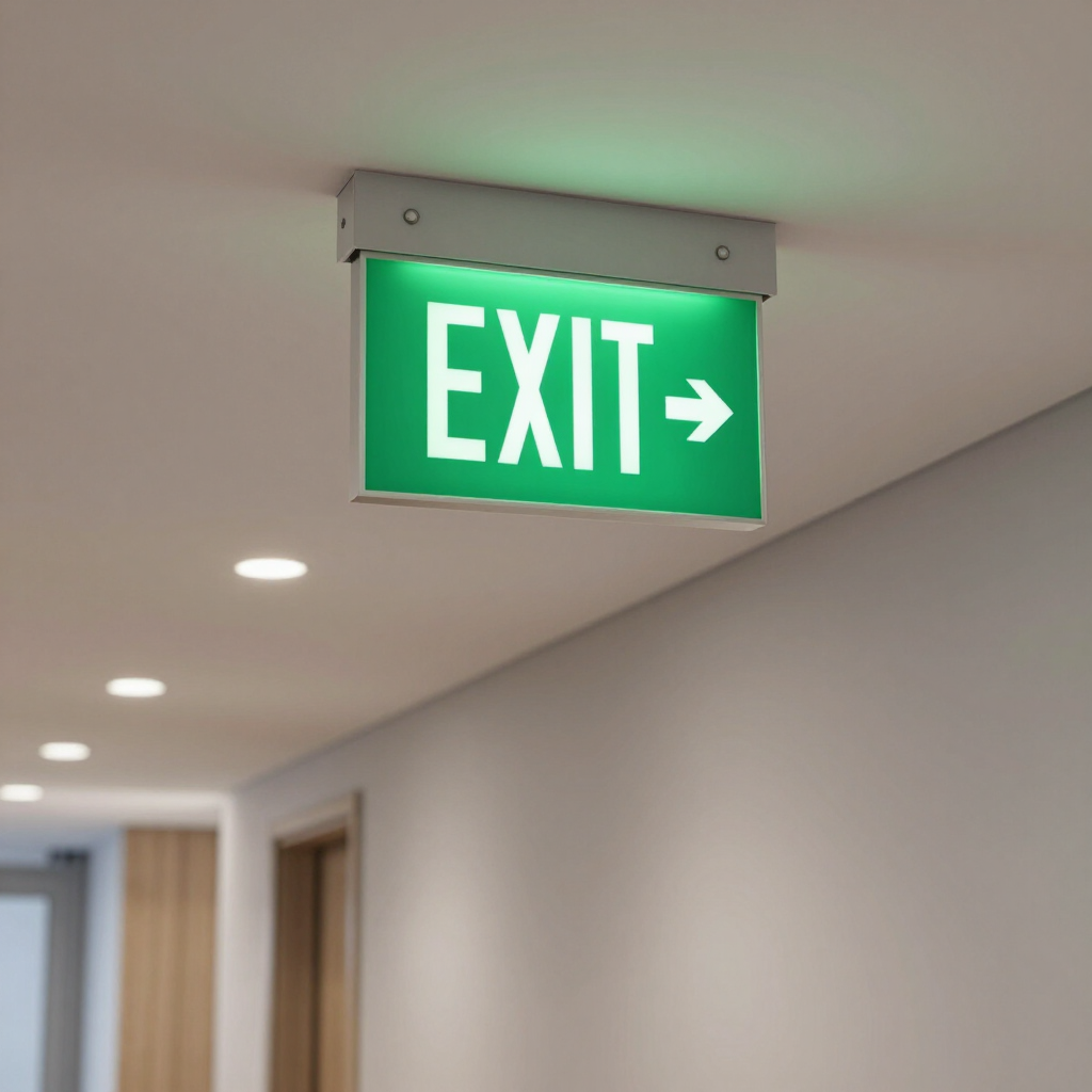 Green EXIT sign with right arrow hanging from a hallway ceiling