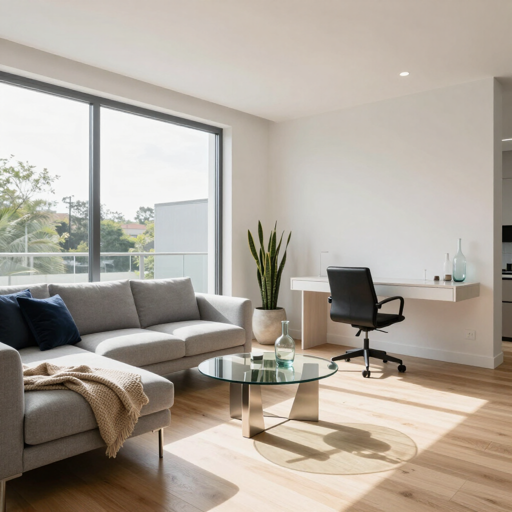 Bright modern living room with gray sofa, glass coffee table, desk chair, and large window sunlight