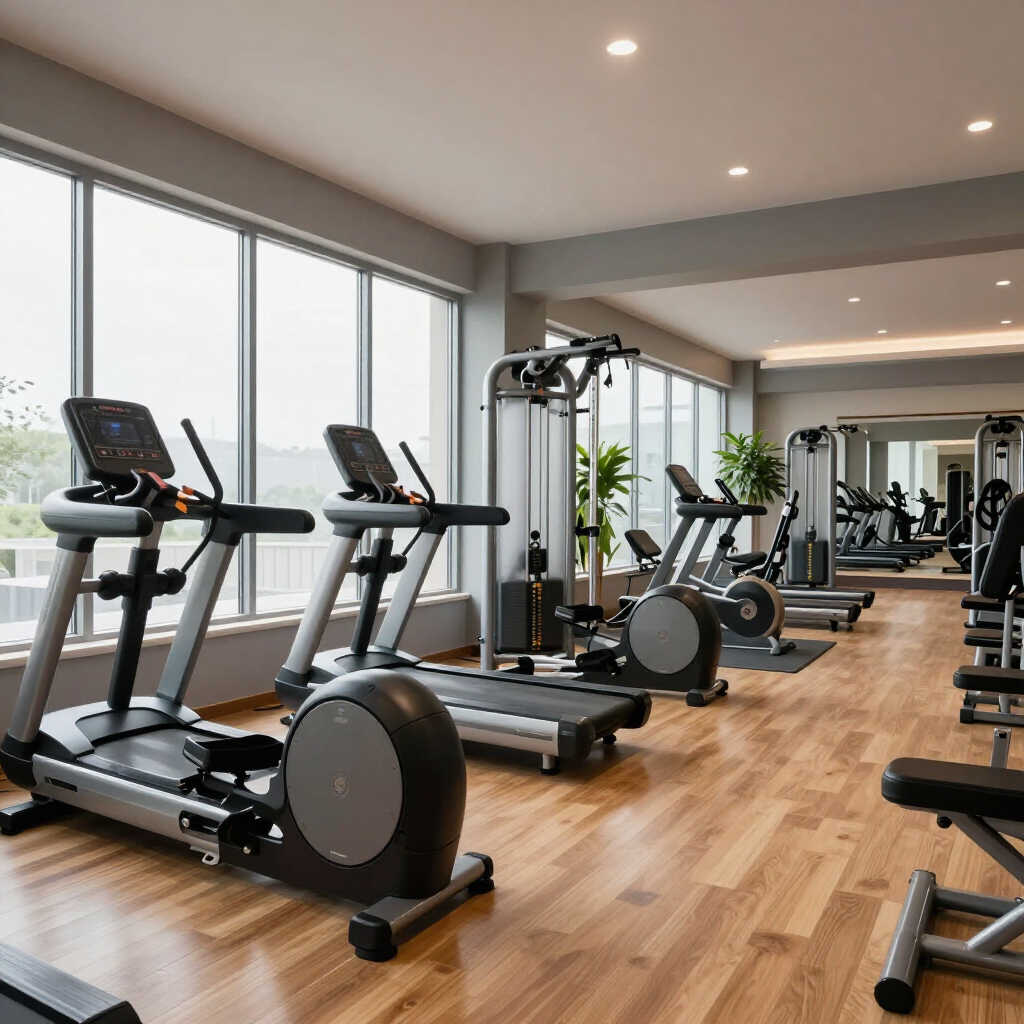 Modern gym with treadmills, exercise bikes, weight machines, and large windows