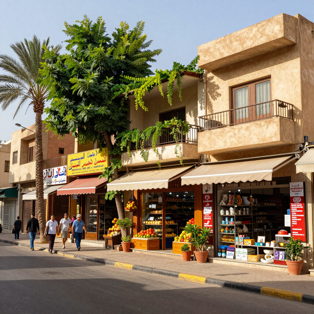Sunlit street with shops, palm tree, and pedestrians along a tan building facade