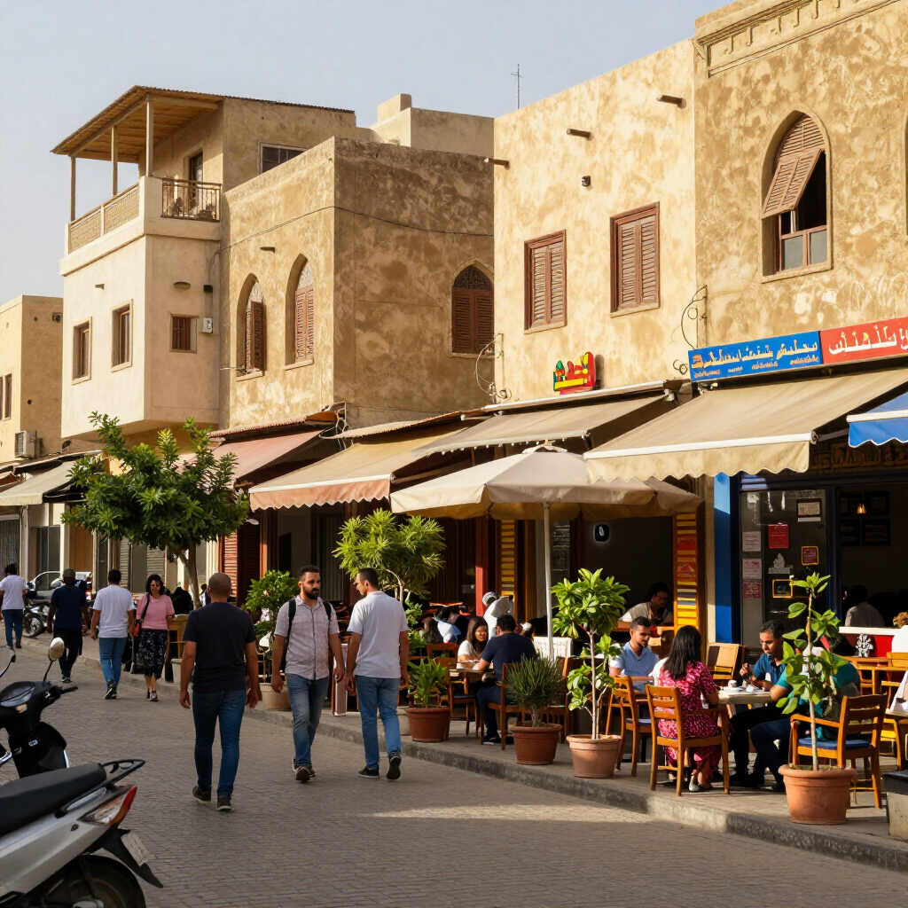 Pedestrian street with stone buildings, cafés, and people walking under awnings on a sunny day