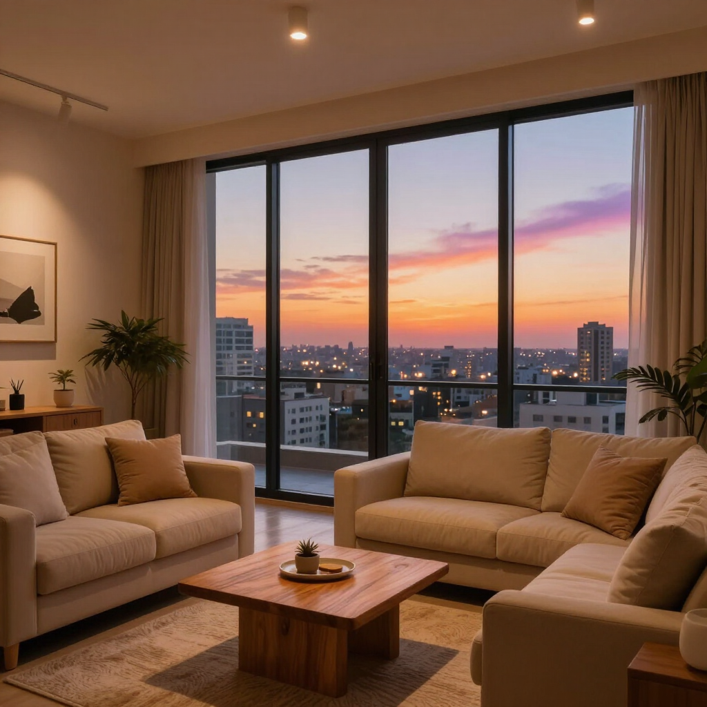 Modern living room with beige sofas, wooden coffee table, and a sunset city skyline through large windows