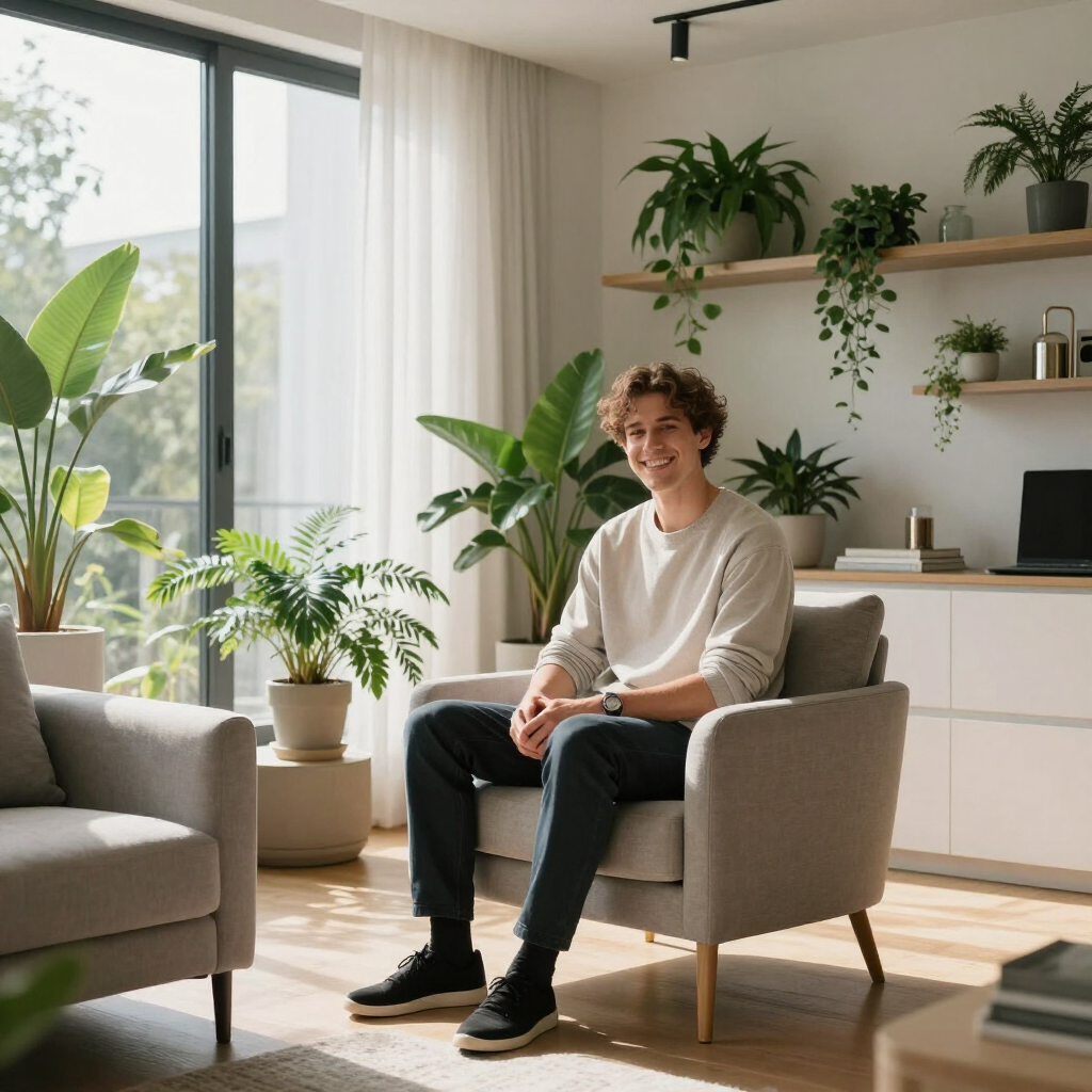 Person sitting in a bright living room with houseplants and natural light