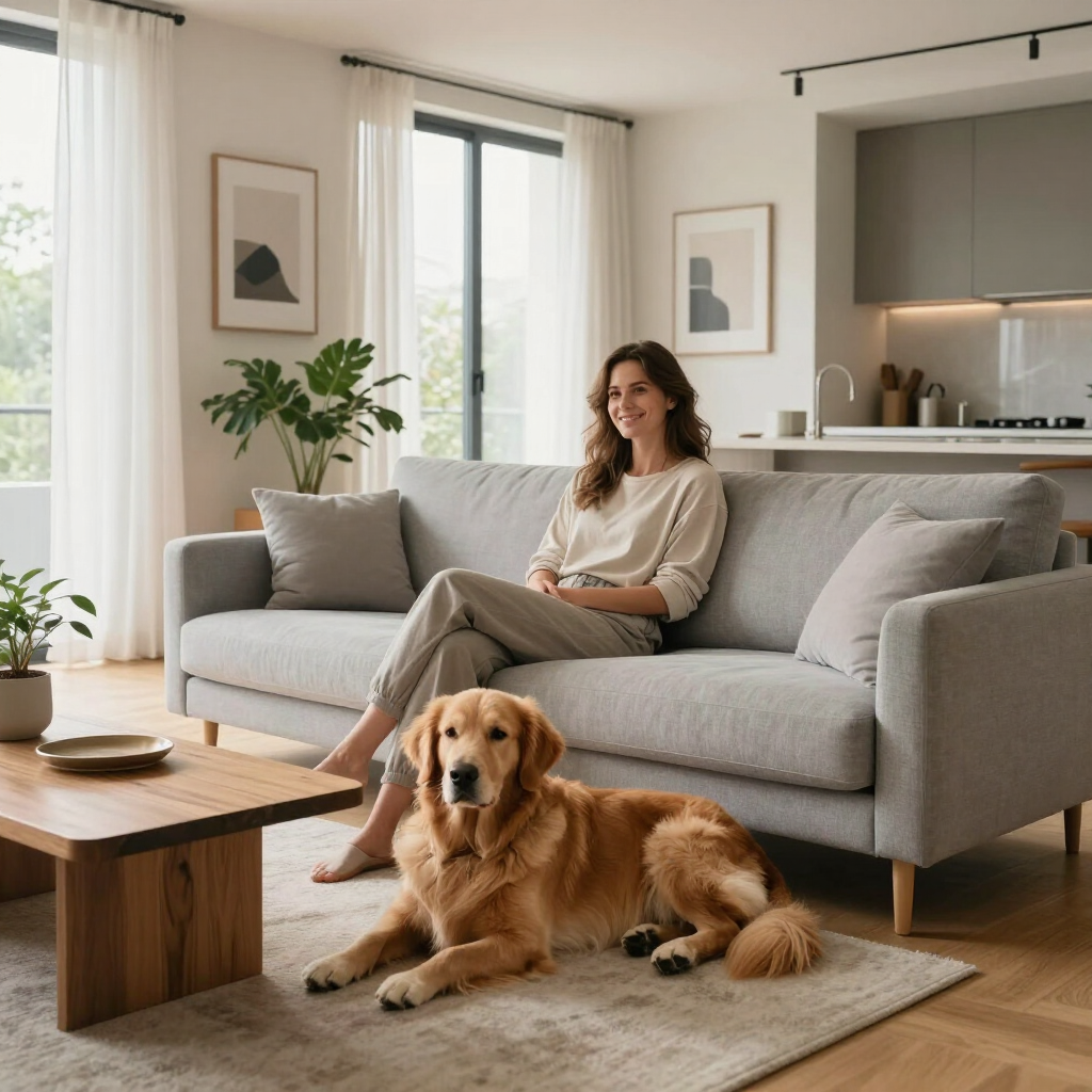 Woman on a gray sofa in a bright living room, with a golden retriever lying on a rug in front.