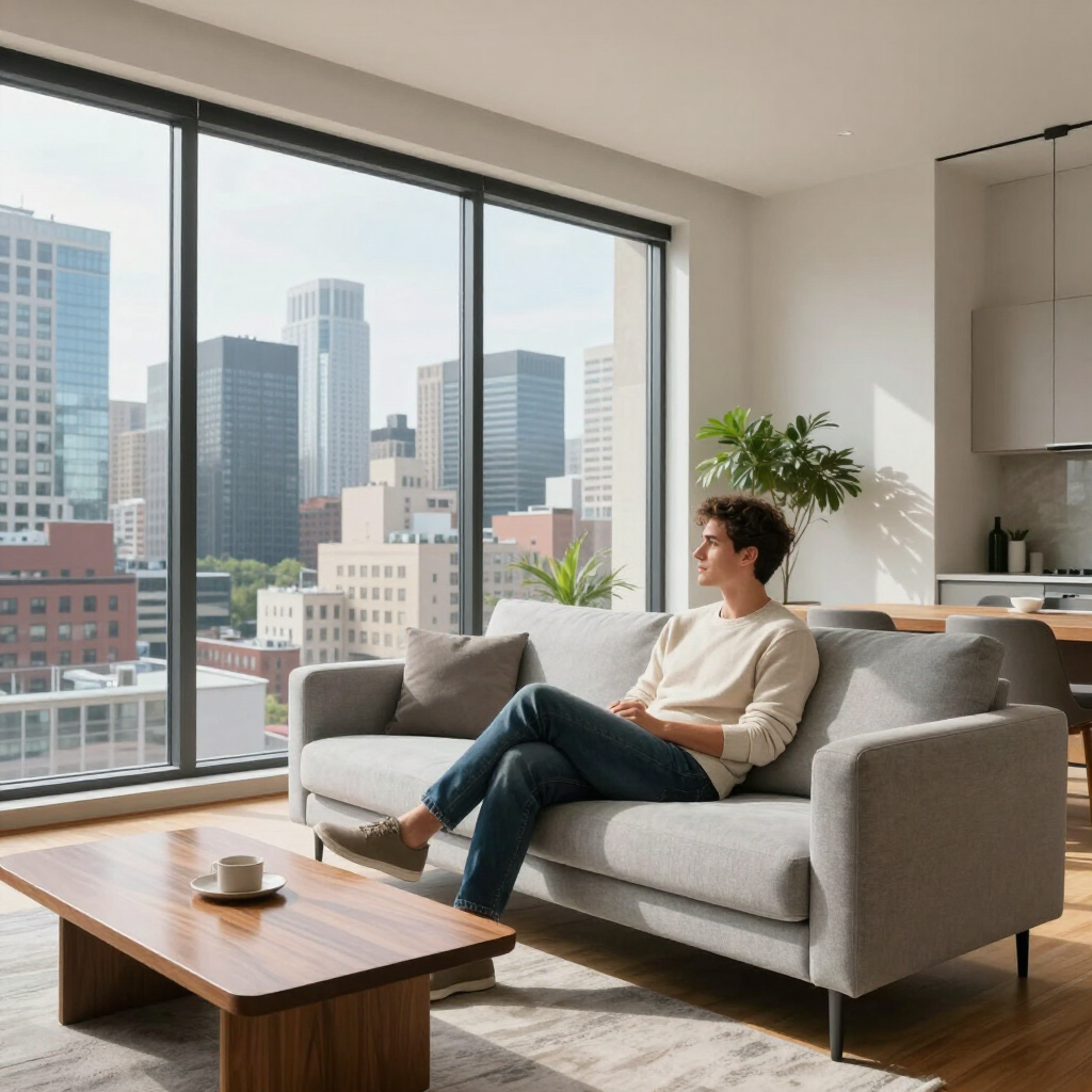 Person sitting on a gray sofa in a modern living room with floor-to-ceiling windows and city skyline views