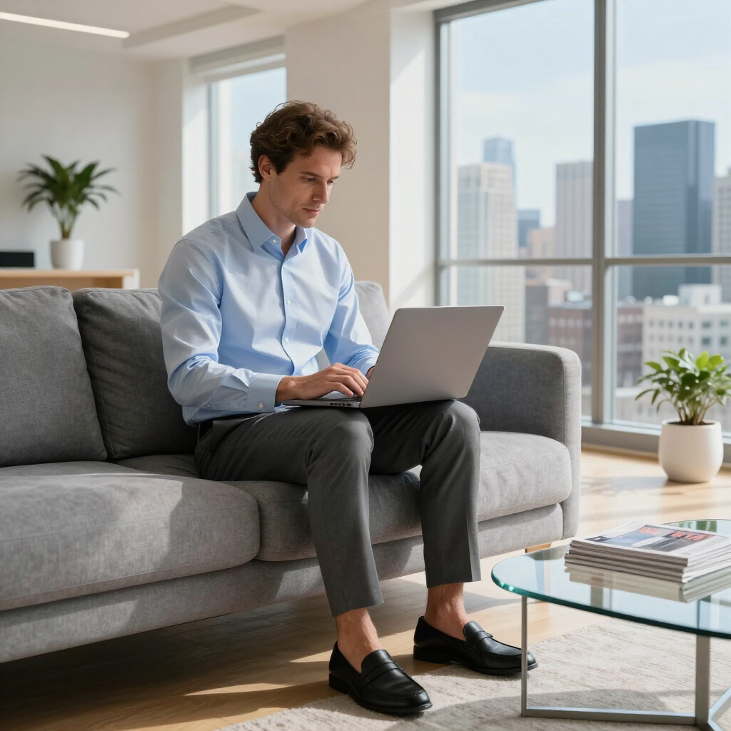 Person working on a laptop on a gray sofa in a bright modern office with city views.