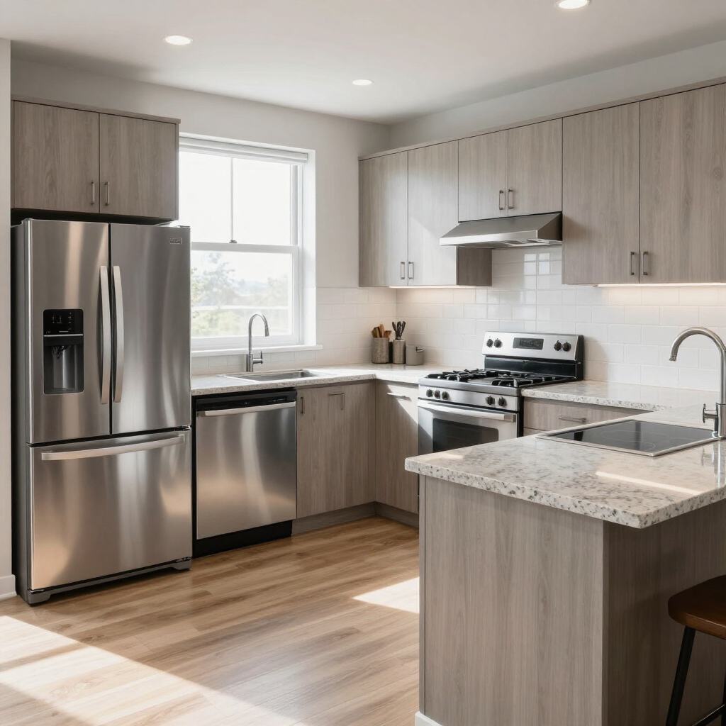 Modern kitchen with stainless steel appliances, light wood cabinets, and a granite island.