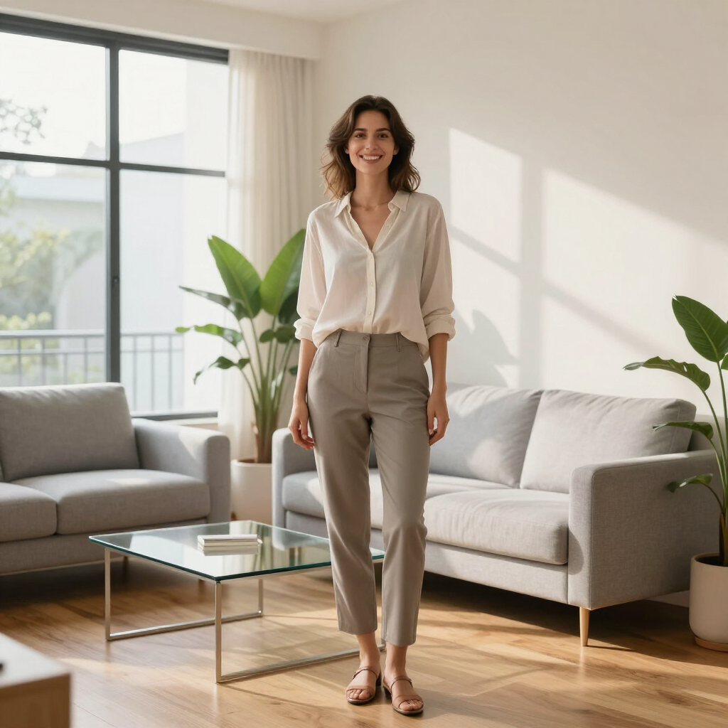 Woman standing in a bright living room with gray sofas, a glass coffee table, and potted plants