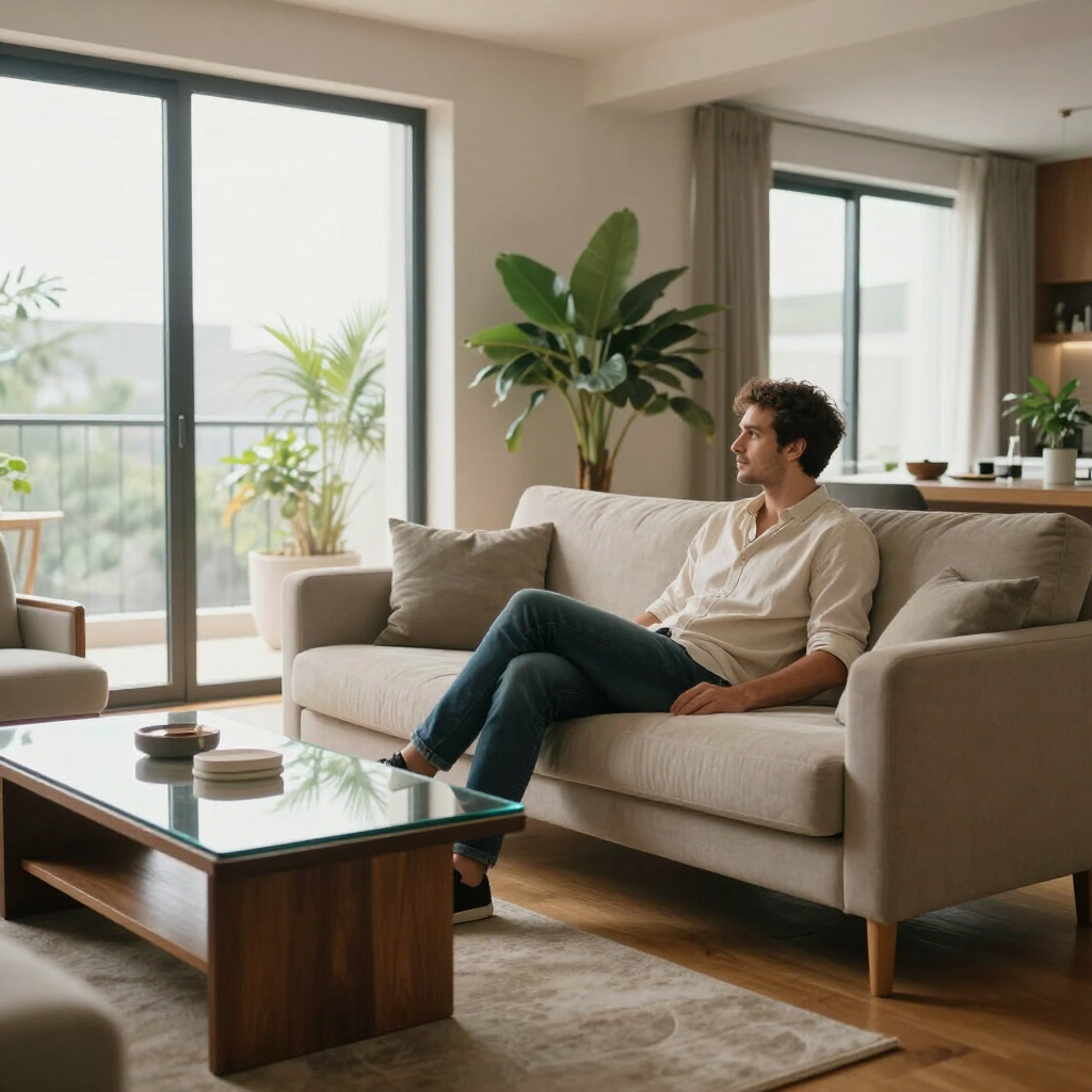 Man relaxing on a sofa in a modern living room with large windows and a coffee table