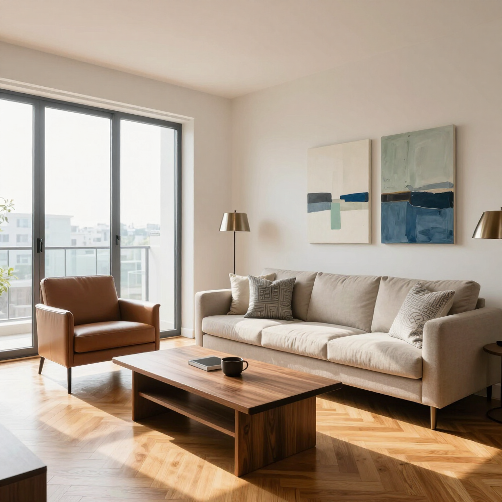 Bright living room with beige sofa, brown armchair, wooden coffee table, and large sliding glass doors
