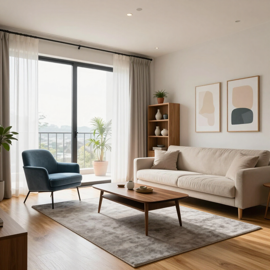 Modern living room with beige sofa, blue chair, wooden coffee table, rug, and balcony doors with curtains