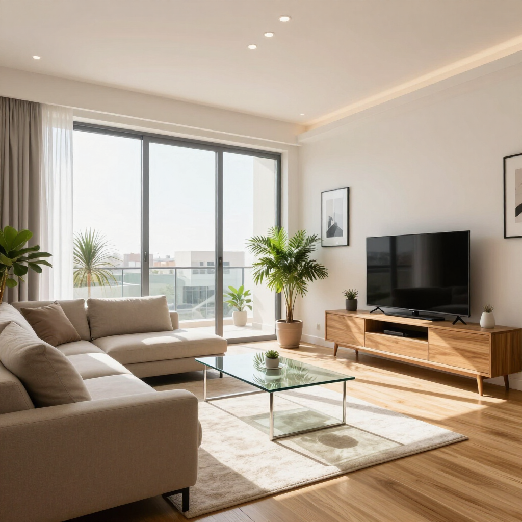 Bright modern living room with beige sectional, glass coffee table, TV, and large sunlit window view