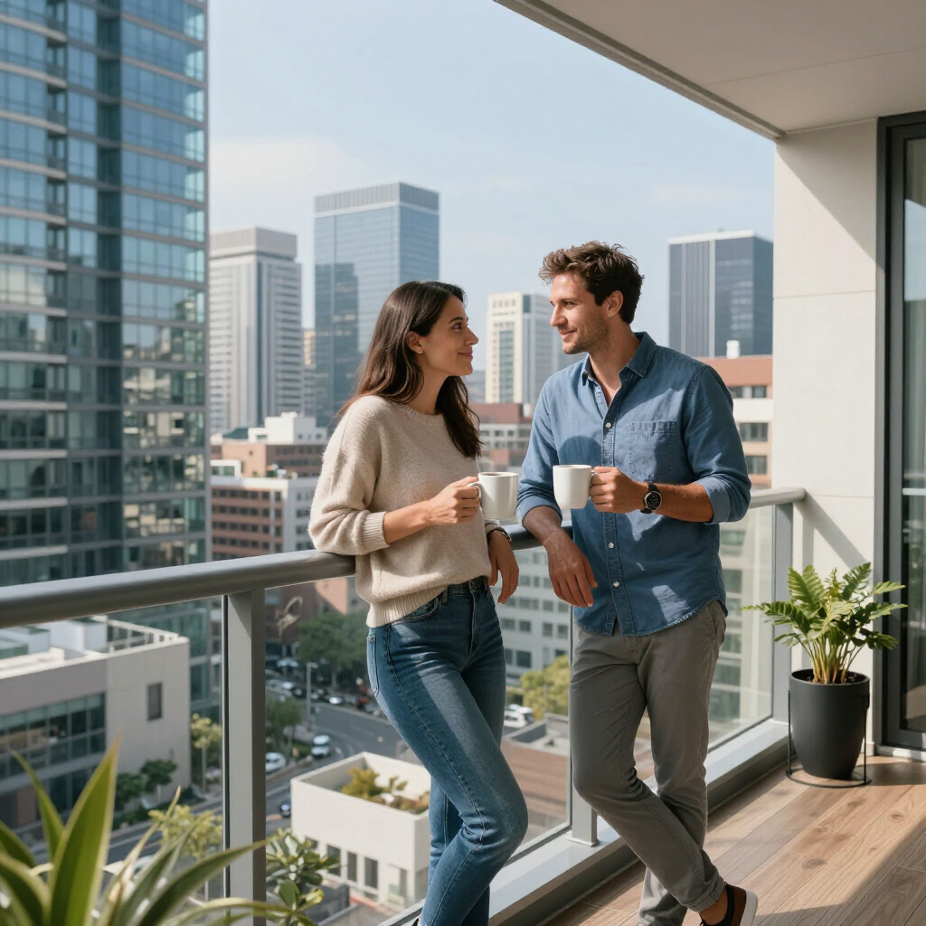 Two coworkers chatting with coffee on a balcony overlooking a city skyline.