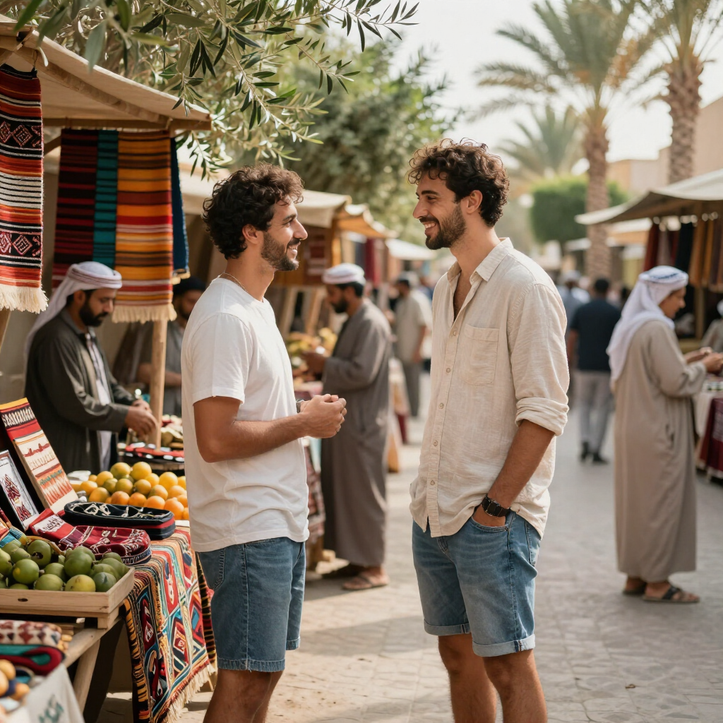 Two men chatting at a colorful market stall with fruit under palm trees