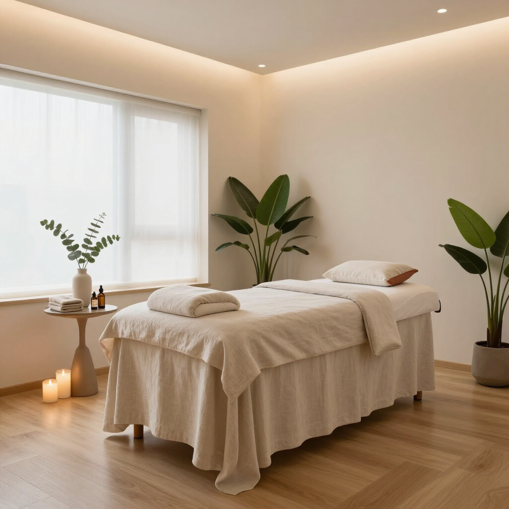 Minimal spa treatment room with beige massage table, soft lighting, plants, and wooden floor