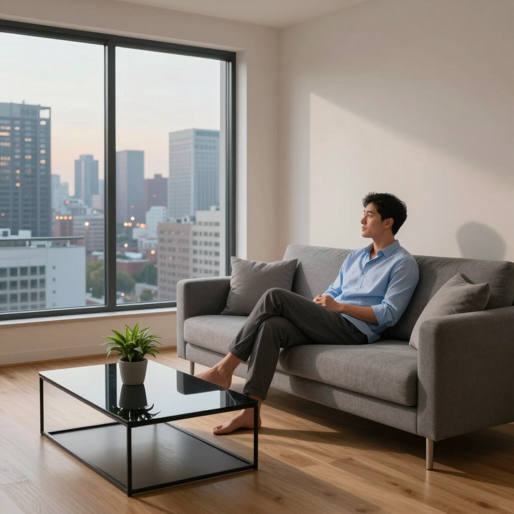 Person sitting on a gray sofa in a bright living room, looking out a large window over a city skyline.