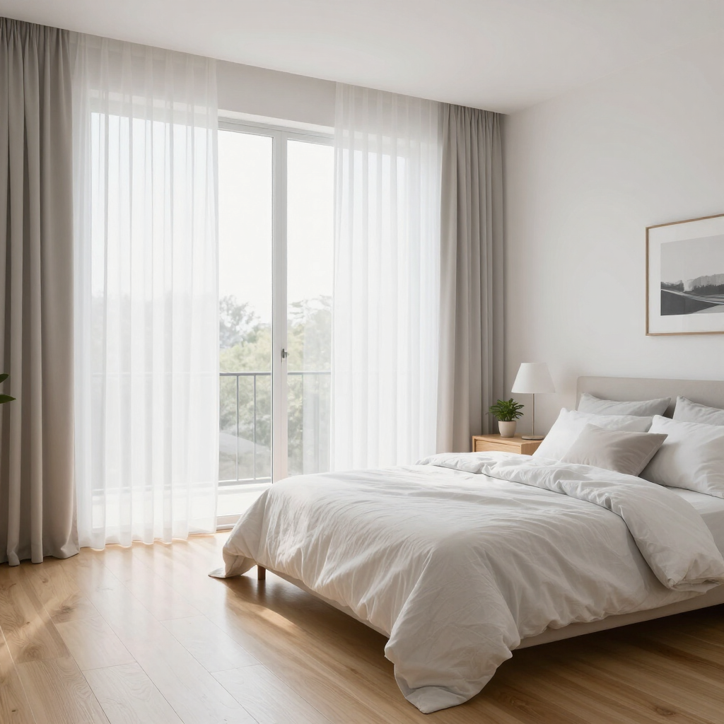 Bright minimalist bedroom with white bedding, sheer curtains, wood floor, and balcony view